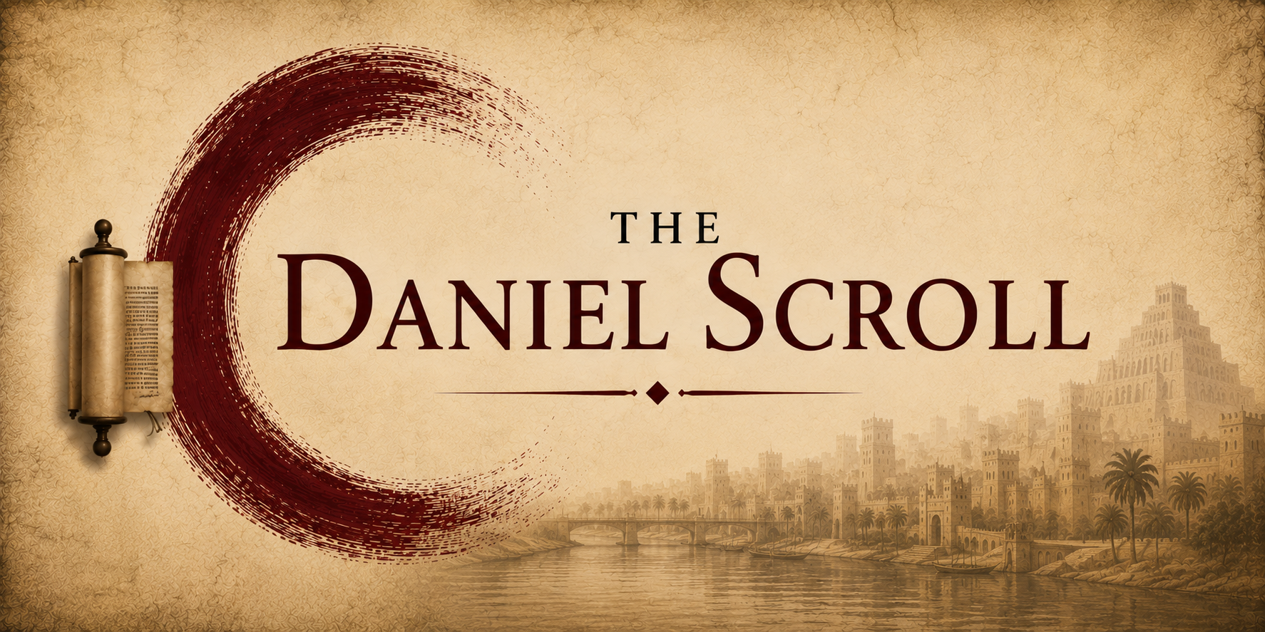 The Daniel Scroll banner with a red brushstroke circle, scroll, and ancient Babylonian cityscape