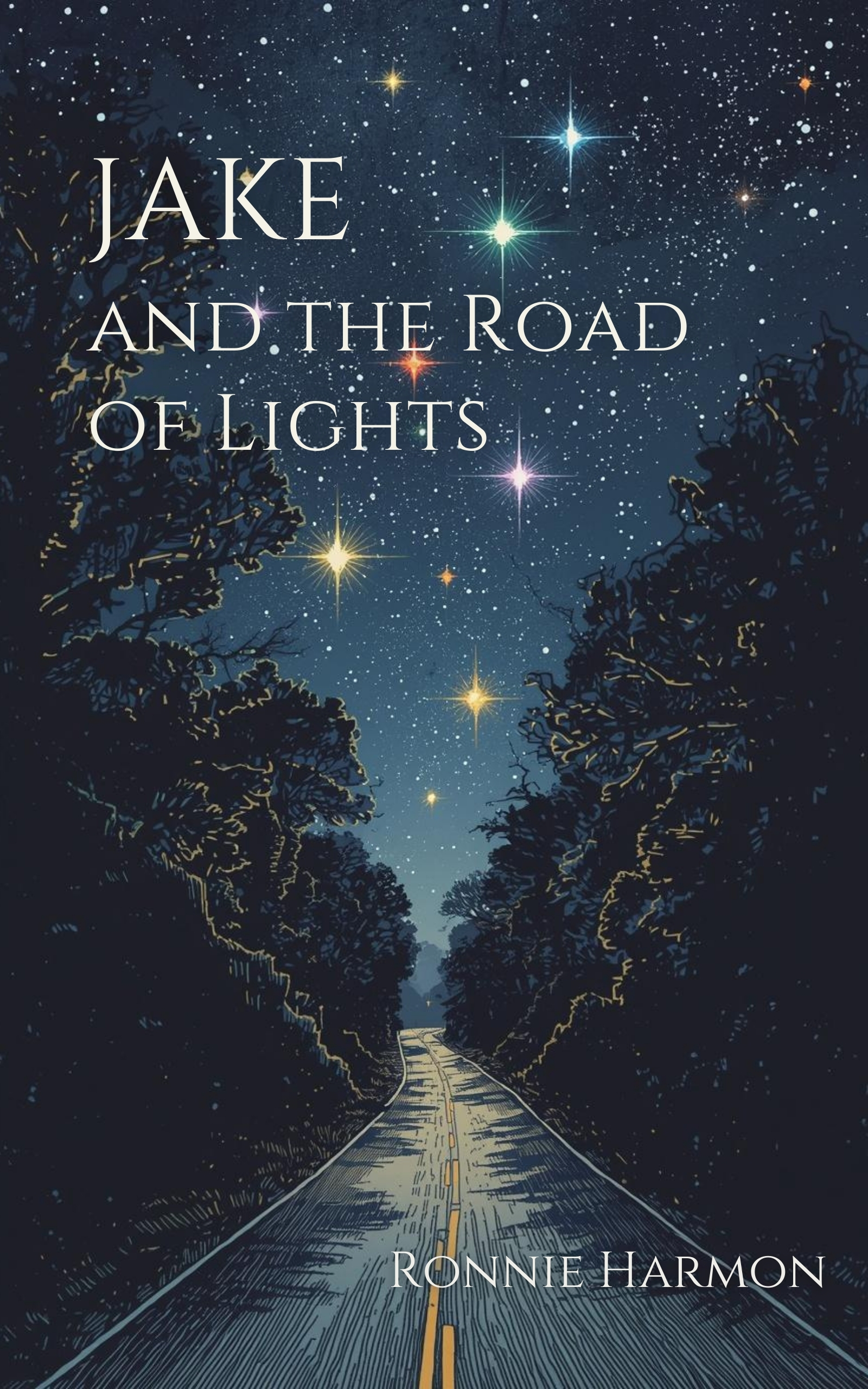 Cover of Jake and the Road of Lights, showing a young boy beneath a dark blue sky with glowing lights.