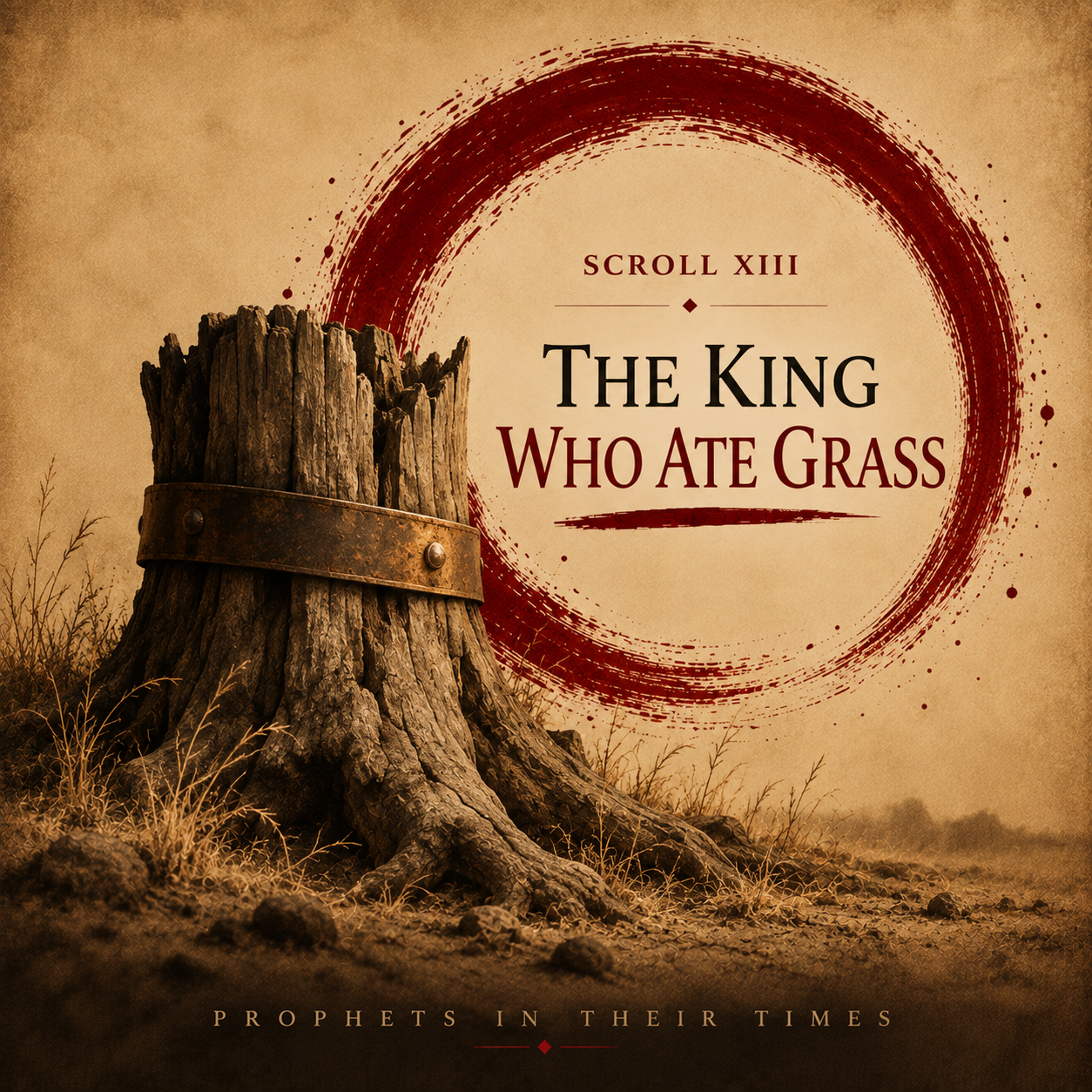 Literary art for Scroll XIII, The King Who Ate Grass, showing a bound tree stump beneath an oxblood brush circle.